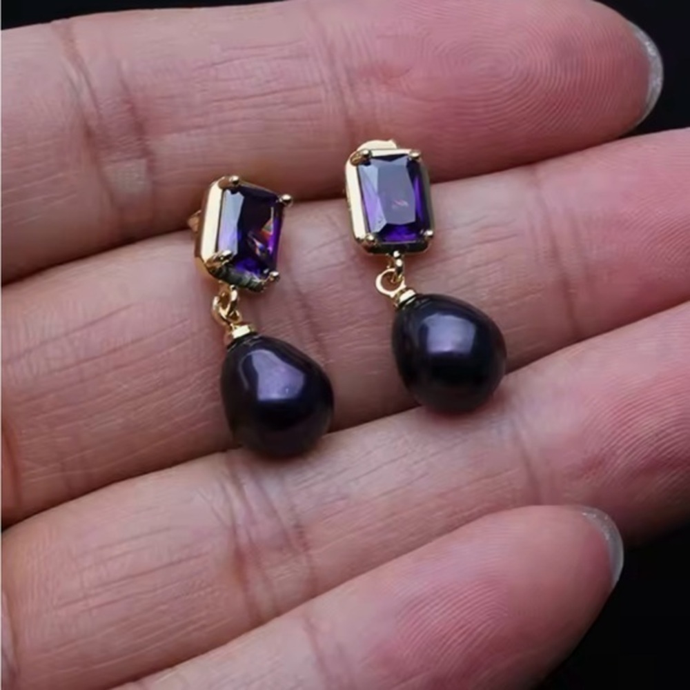 New 14k Gold Amethyst Pearl Drop Earrings, 3 Pearl Color Options